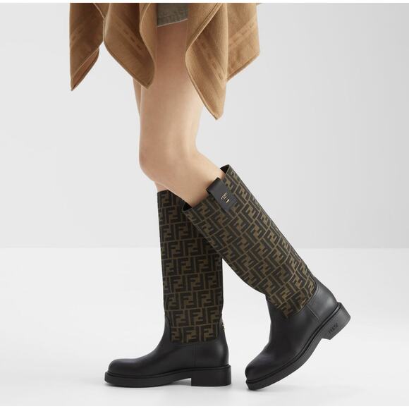 Fendi Filo FF Logo Zucca Monogram Jacquard Rockoko Chenille Knee High Boot - Picture 2 of 16